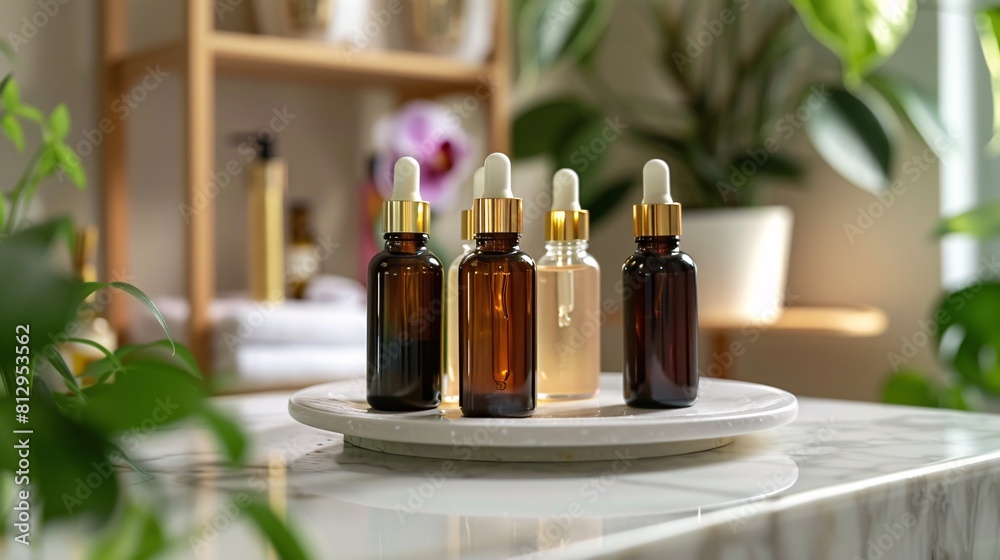 Beautiful spa composition with essential oil in glass bottles on wooden table. Copy space. Beautiful spa composition with essential oil in glass bottles on wooden table. Copy space.