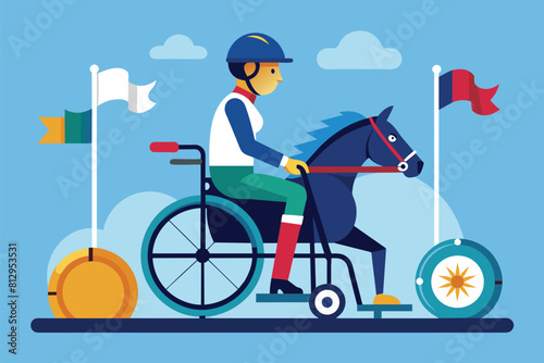 A person with customizable wheelchair is riding a horse in a paralympic equestrian event, Paralympic equestrian Customizable Disproportionate Illustration