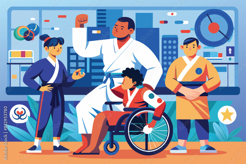 Fototapeta premium A man in a wheelchair speaking to a diverse group of individuals in a meeting or presentation, Paralympic judo Customizable Disproportionate Illustration