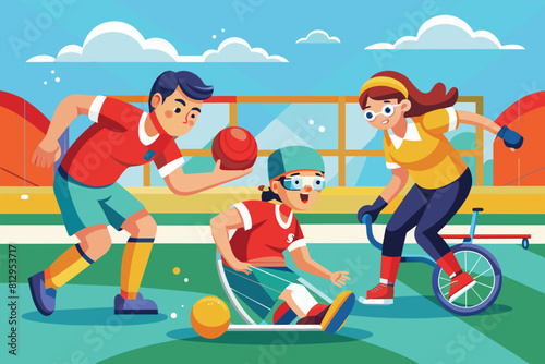Diverse group of people engaged in a ball game on a grassy field under clear skies, Paralympic goalball Customizable Cartoon Illustration