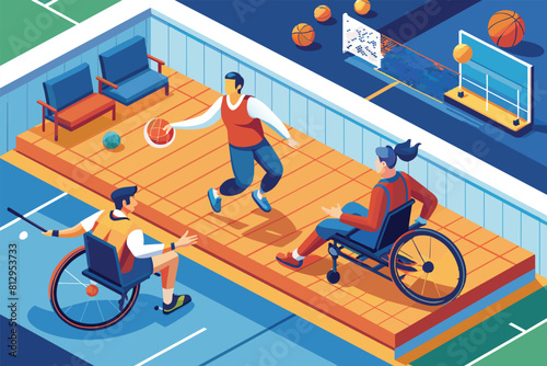 A group of individuals engaging in a basketball game in an indoor setting, Paralympic goalball Customizable Isometric Illustration