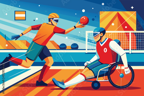 A man in a wheelchair actively participating in a game of basketball, demonstrating inclusivity and athleticism, Paralympic goalball Customizable Flat Illustration