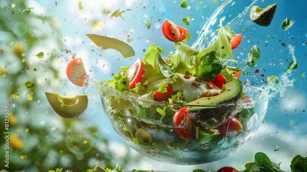 A bowl of salad with a splash of water A bowl of salad with a splash of water