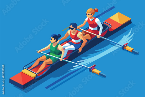 A group of individuals rowing a boat together on a body of water, Paralympic rowing Customizable Isometric Illustration