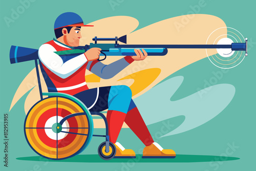 A man in a wheelchair aiming and shooting a rifle, Paralympic shooting Customizable Cartoon Illustration