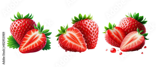 Fresh red strawberry with leaves isolated on transparent