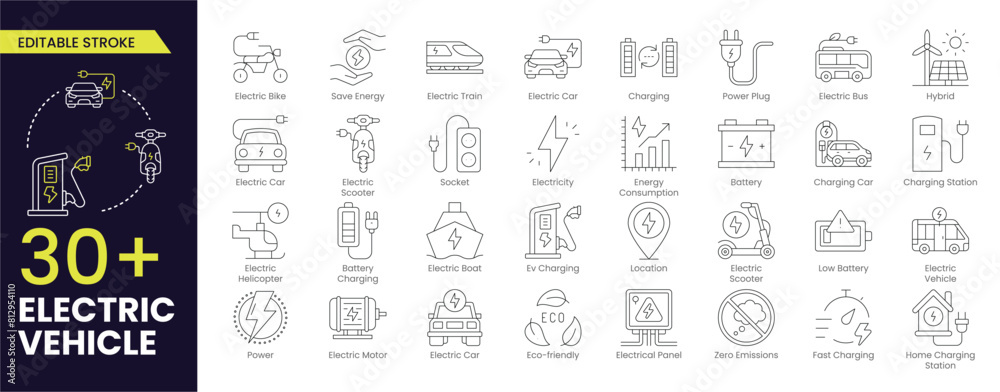 Electric Vehicle Stroke icon collections. Containing electric car ...