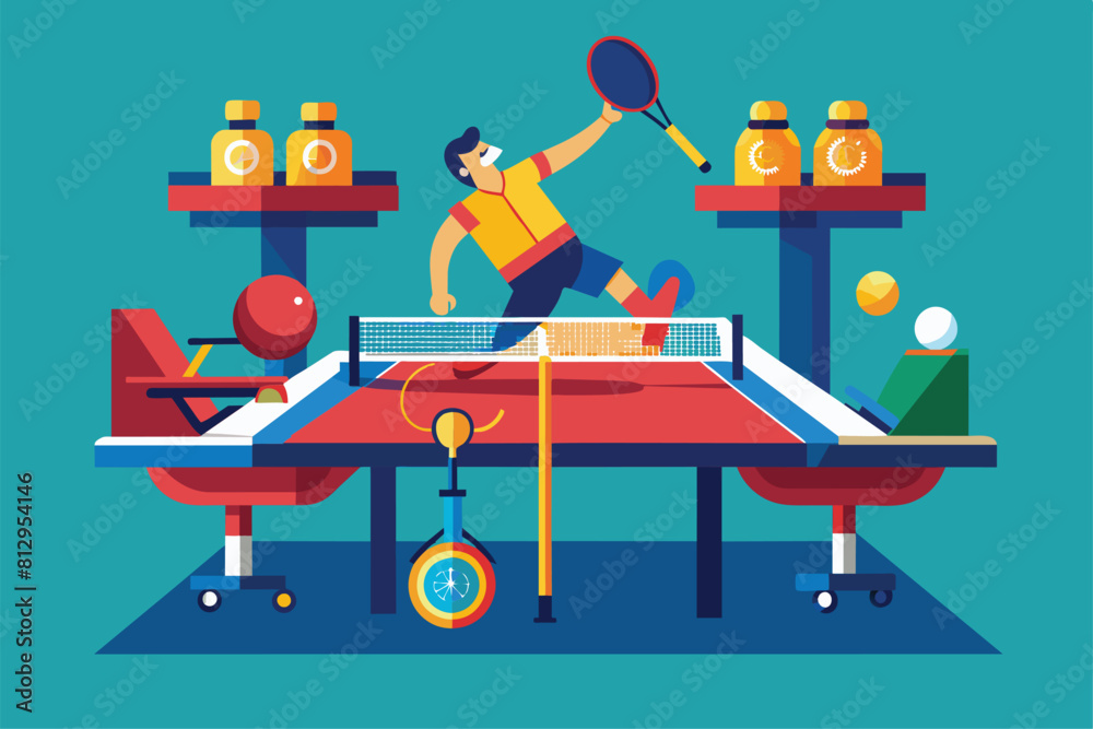 A man playing ping pong on a ping pong table, concentrating on hitting the ball back and forth with his opponent, Paralympic table tennis Customizable Flat Illustration A man playing ping pong on a ping pong table, concentrating on hitting the ball back and forth with his opponent, Paralympic table tennis Customizable Flat Illustration