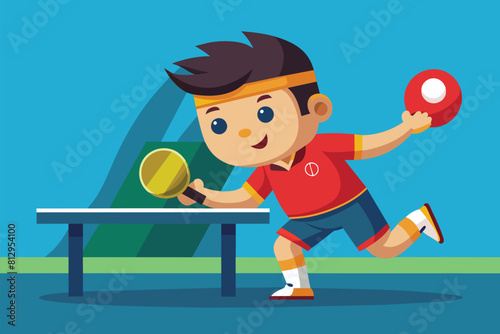 A young boy playing table tennis with a colorful ping pong paddle and focusing on hitting the ball, Paralympic table tennis Customizable Cartoon Illustration
