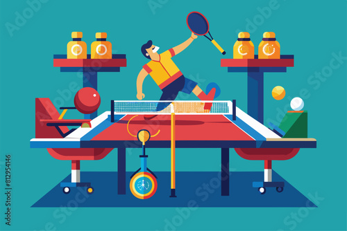 A man playing ping pong on a ping pong table, concentrating on hitting the ball back and forth with his opponent, Paralympic table tennis Customizable Flat Illustration