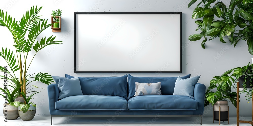 Interior Design Mockup: White Wall with Blue Couch and Green Plants. Concept Interior Design, Mockup, White Wall, Blue Couch, Green Plants Interior Design Mockup: White Wall with Blue Couch and Green Plants. Concept Interior Design, Mockup, White Wall, Blue Couch, Green Plants