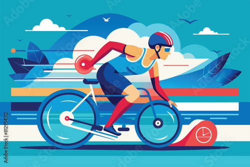 A man riding a bike on top of a body of water, Paralympic triathlon Customizable Semi Flat Illustration