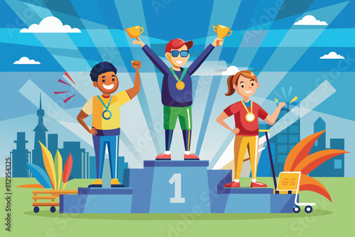 Diverse group of individuals stand on winners podium adorned with Paralympic symbols, celebrating victory, Paralympic winners podium Customizable Cartoon Illustration
