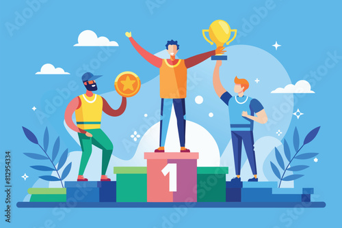A diverse group of individuals standing on top of a winners podium, celebrating their victory, Paralympic winners podium Customizable Disproportionate Illustration