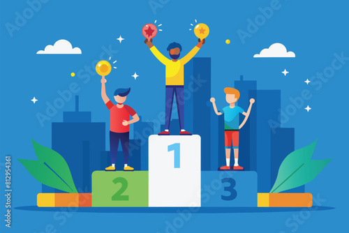 A group of individuals standing on a winners podium celebrating their victory, Paralympic winners podium Customizable Disproportionate Illustration