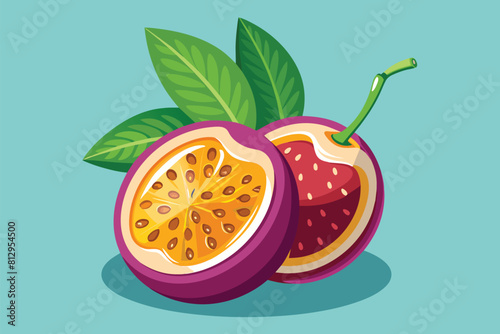 A passion fruit cut in half, showcasing its vibrant color and seeds, set against a blue background, Passion fruit Customizable Semi Flat Illustration