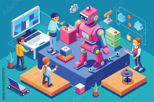 Several individuals are gathered around a robot, engaged in a collaborative process to customize, discuss, and inspect the machine, People creating robot Customizable Isometric Illustration