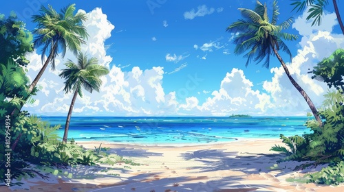 Illustration of a beach with palm trees. © Suzy