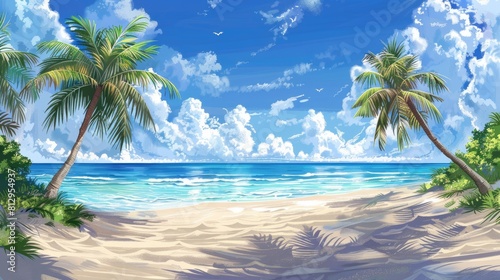 Illustration of a beach with palm trees.