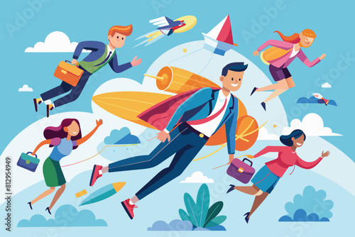 A group of individuals soaring through the sky with outstretched arms and legs, People flying Customizable Disproportionate Illustration