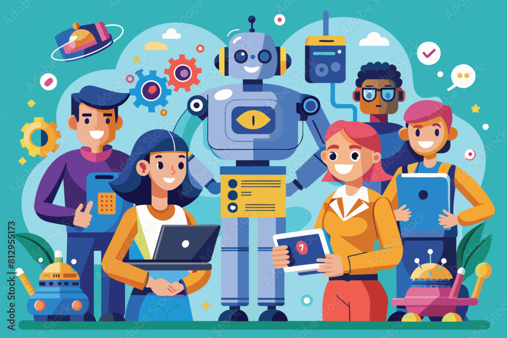 Diverse group of individuals standing next to a modern robot, observing its features and functionality, People using robots Customizable Semi Flat Illustration Diverse group of individuals standing next to a modern robot, observing its features and functionality, People using robots Customizable Semi Flat Illustration