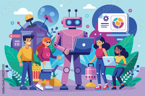 A group of individuals standing around a robotic device  observing and interacting with it  People using robots Customizable Semi Flat Illustration