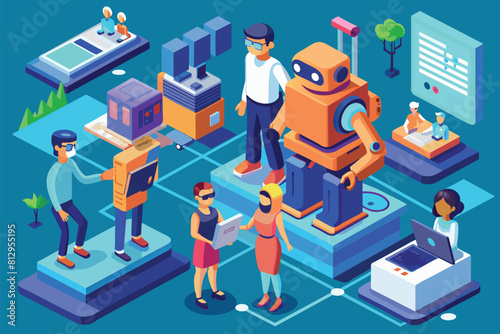 A group of individuals standing around a robot, observing its functionalities and design, People using robots Customizable Isometric Illustration