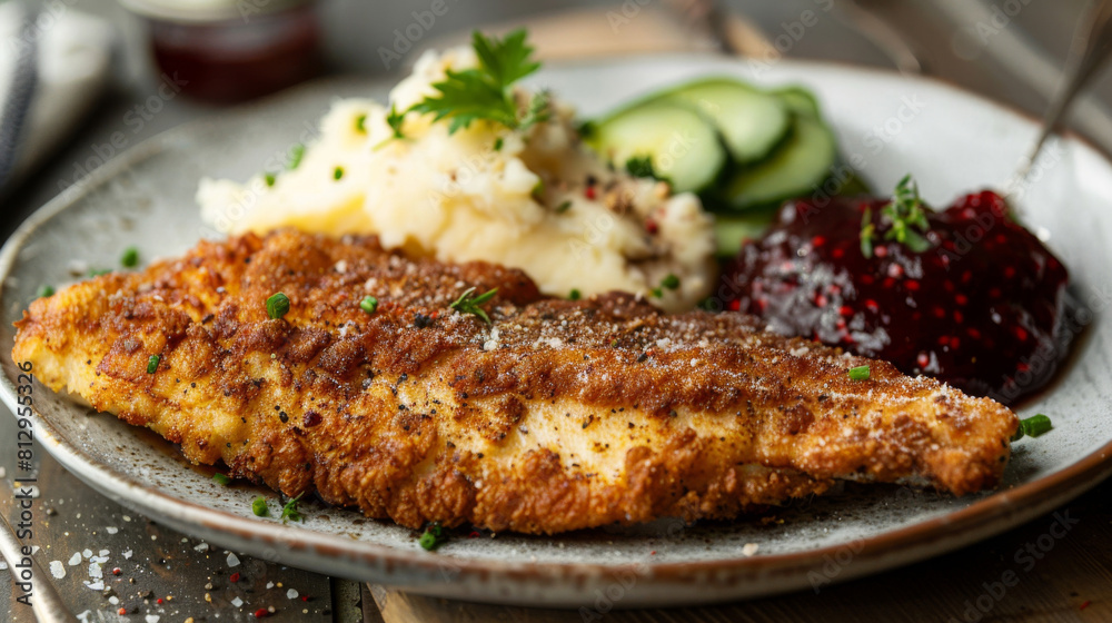 Close-up of crispy pork schnitzel served with creamy mashed potatoes, lingonberry sauce, and fresh cucumber salad on a rustic plate Close-up of crispy pork schnitzel served with creamy mashed potatoes, lingonberry sauce, and fresh cucumber salad on a rustic plate