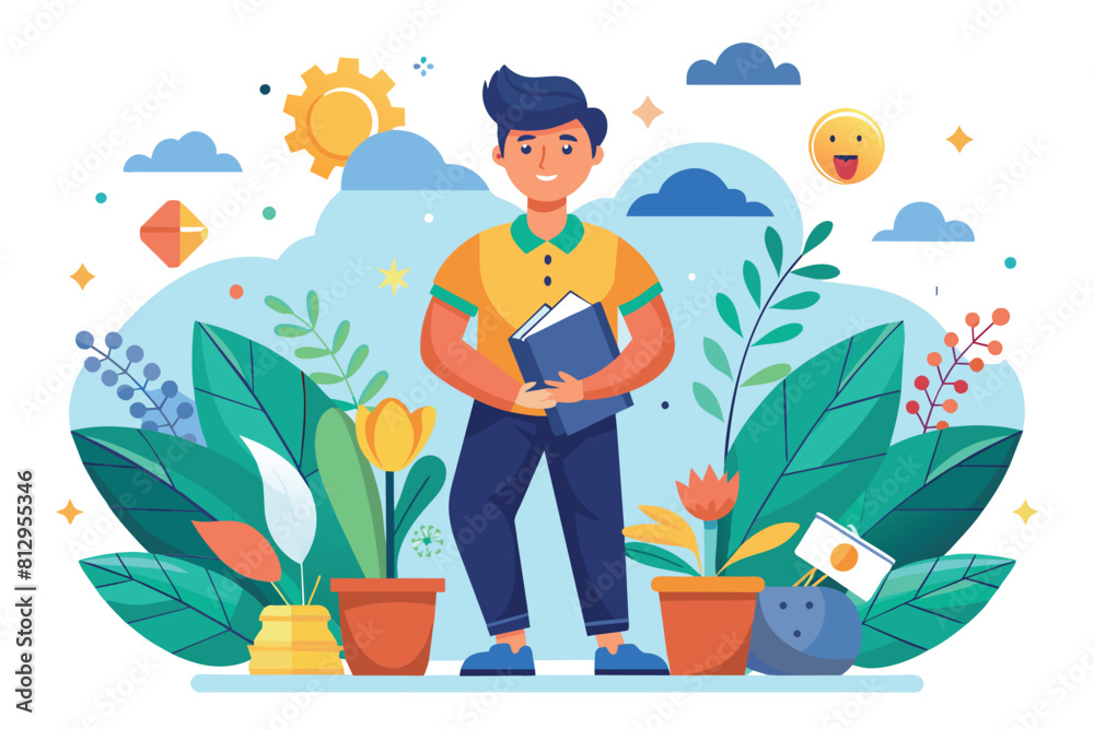 A man standing in front of plants, holding a book in his hands, Personal growth Customizable Semi Flat Illustration A man standing in front of plants, holding a book in his hands, Personal growth Customizable Semi Flat Illustration