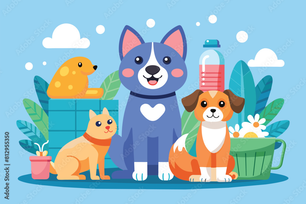 Naklejka premium A group of dogs and cats are sitting next to each other in this customizable cartoon illustration, Pet care Customizable Cartoon Illustration