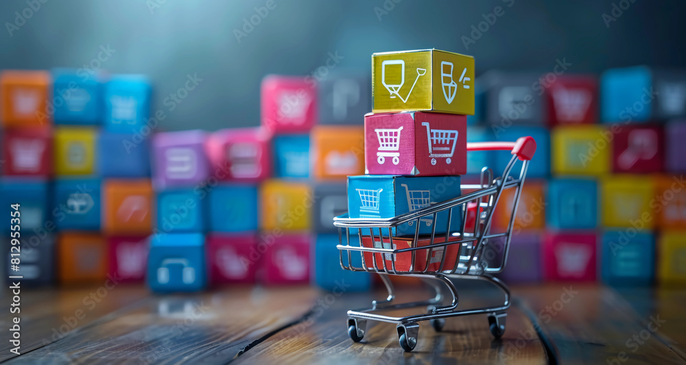 Online shopping cart representing the e-commerce sales, mini shopping cart carrying the items ordered online
