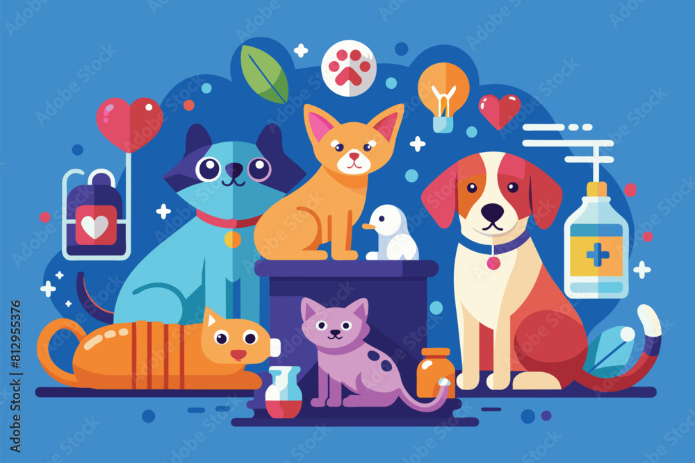 A group of dogs and cats sitting next to each other, Pet care Customizable Disproportionate Illustration A group of dogs and cats sitting next to each other, Pet care Customizable Disproportionate Illustration