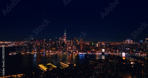 Wallpaper Mural Night New York city drone flying. American downtown district evening lights. Torontodigital.ca
