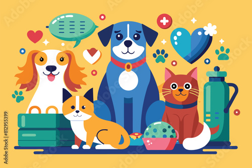 Assorted dogs and cats sitting next to each other in a group  Pet care Customizable Disproportionate Illustration