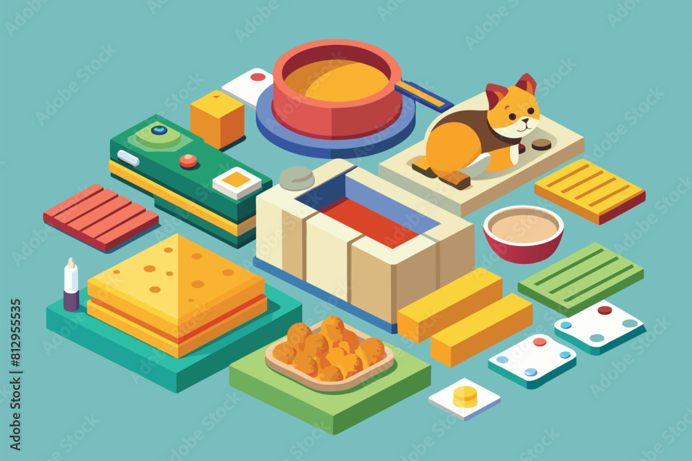 A cat casually perched on a box in the midst of assorted items, Pet food Customizable Isometric Illustration A cat casually perched on a box in the midst of assorted items, Pet food Customizable Isometric Illustration
