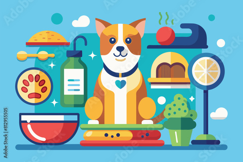 A dog perched on a stack of various pet food items, Pet food Customizable Flat Illustration