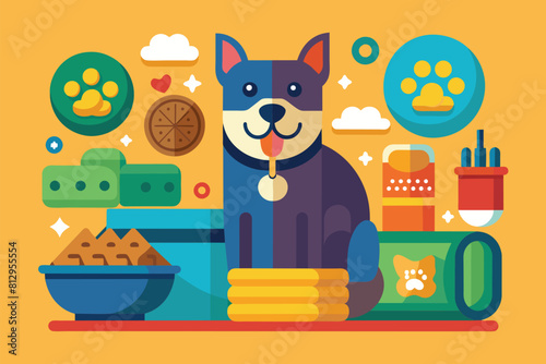 A dog is sitting on a large pile of pet food, Pet food Customizable Semi Flat Illustration