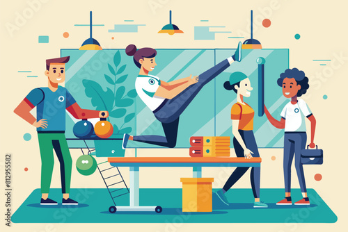Several individuals are seen performing exercises in a gym setting, Physical therapy exercise Customizable Disproportionate Illustration