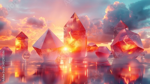 A group of red crystals are floating in the water  reflecting the sun s rays