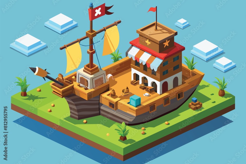 A pirate ship sailing above an island in the ocean, Pirate boat Customizable Isometric Illustration A pirate ship sailing above an island in the ocean, Pirate boat Customizable Isometric Illustration