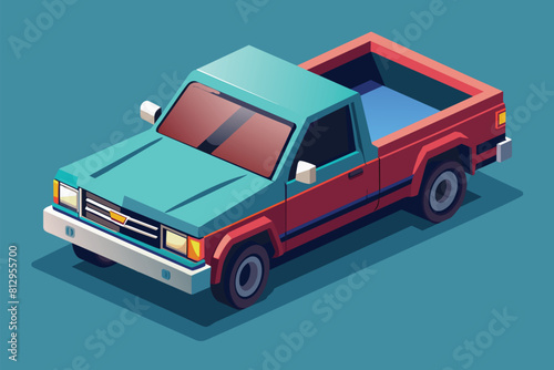 A customizable isometric illustration of a blue and red truck with a striking red hood, Pick up truck Customizable Isometric Illustration