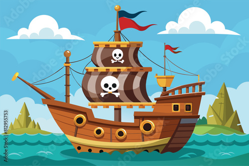 A pirate ship with a skull emblem floating in the ocean, Pirate boat Customizable Cartoon Illustration
