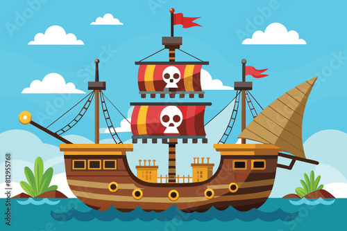 A pirate ship floats on top of a body of water, showcasing its distinctive design and impressive size, Pirate boat Customizable Disproportionate Illustration