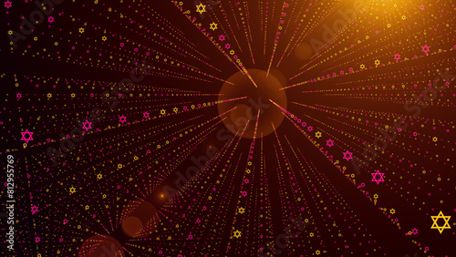 Abstract Yellow Red Purple Shiny Geometric Grids In 3D Perspective Featuring Star Of David Particles With Light Flare Background