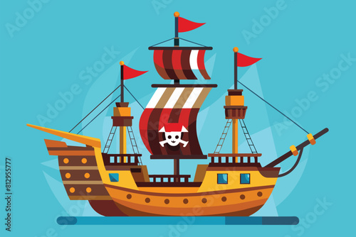 A pirate ship at sea, featuring a prominent skull and crossbones flag, Pirate boat Customizable Flat Illustration