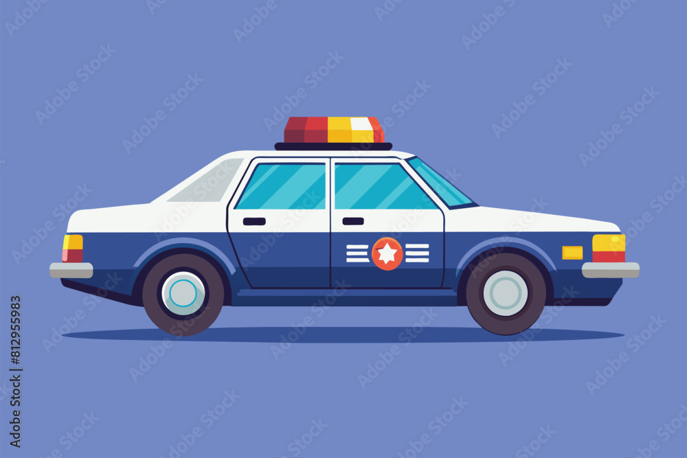 A blue and white police car parked on a blue background, Police car Customizable Semi Flat Illustration A blue and white police car parked on a blue background, Police car Customizable Semi Flat Illustration