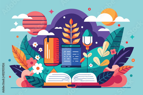 An open book with a bookmark placed on top of it, showcasing poetry, Poetry Customizable Semi Flat Illustration