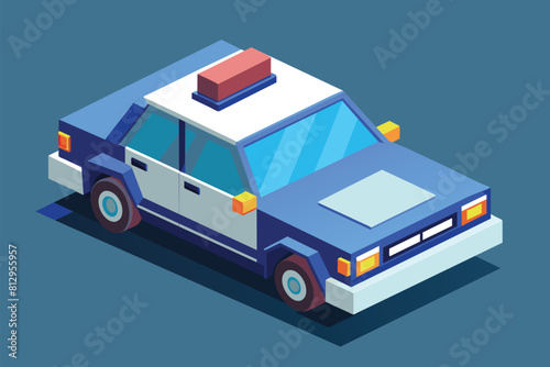 A blue and white police car parked on a blue background, Police car Customizable Isometric Illustration