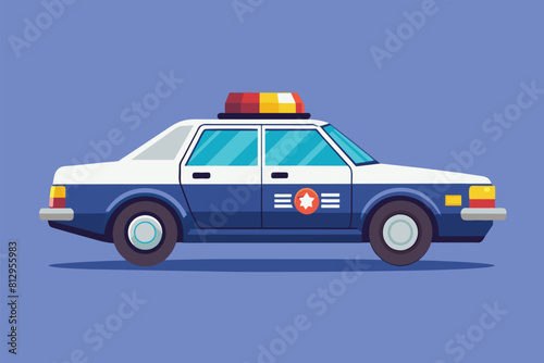 A blue and white police car parked on a blue background  Police car Customizable Semi Flat Illustration