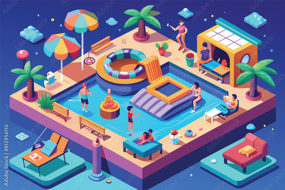 Isometric flat design showing a pool filled with people enjoying a pool party, Pool party Customizable Isometric Illustration Isometric flat design showing a pool filled with people enjoying a pool party, Pool party Customizable Isometric Illustration